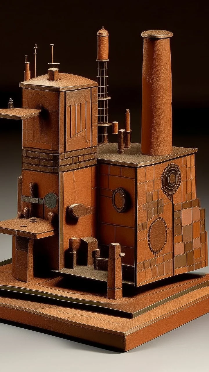 A brownish bronze mechanical factory with magnets designed in Scandinavian folk art painted by Paul Klee