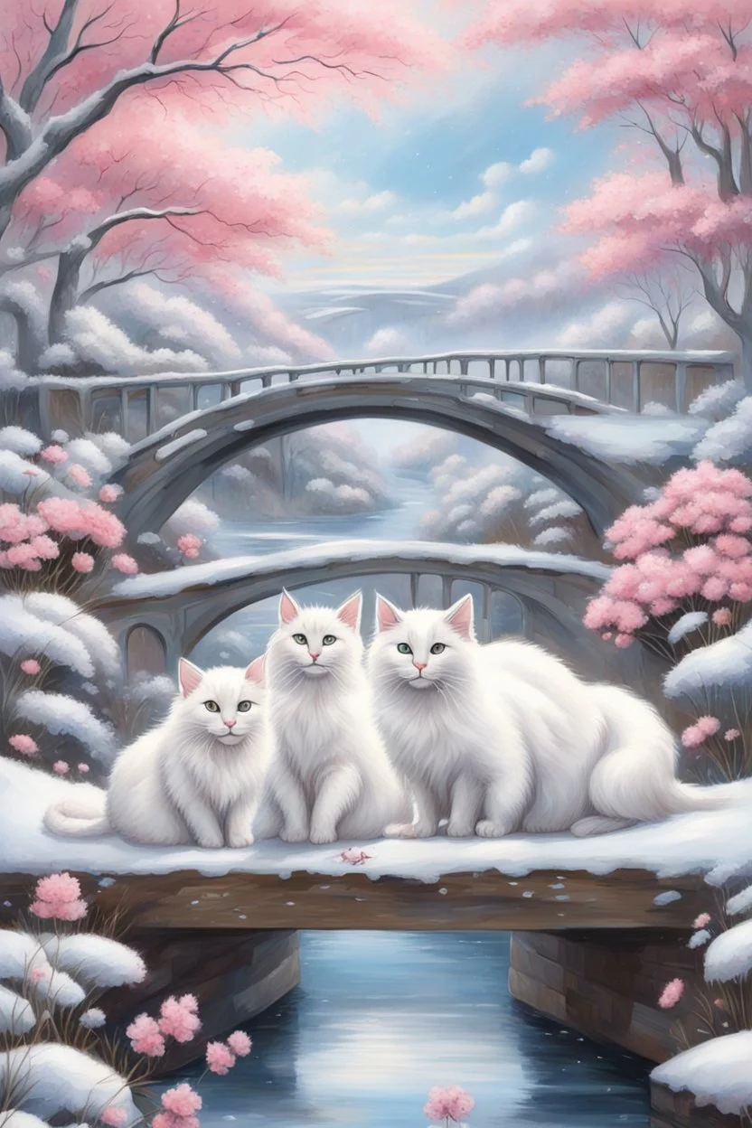 in the center: beautiful chunky white cats playing on a bridge with grey mice, under the brigde flows a small blue river; background: landscape, first plan: pink flowers: white clouds in shape of cats, season: winter and snowfall