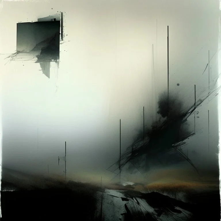 Contemporary abstract painting of Lebbeus Woods wasteland techno decaying landscape. Hazy foggy sky. Concrete ground. Exposed twisted concrete. Style Justin Mortimer and JMW Turner.