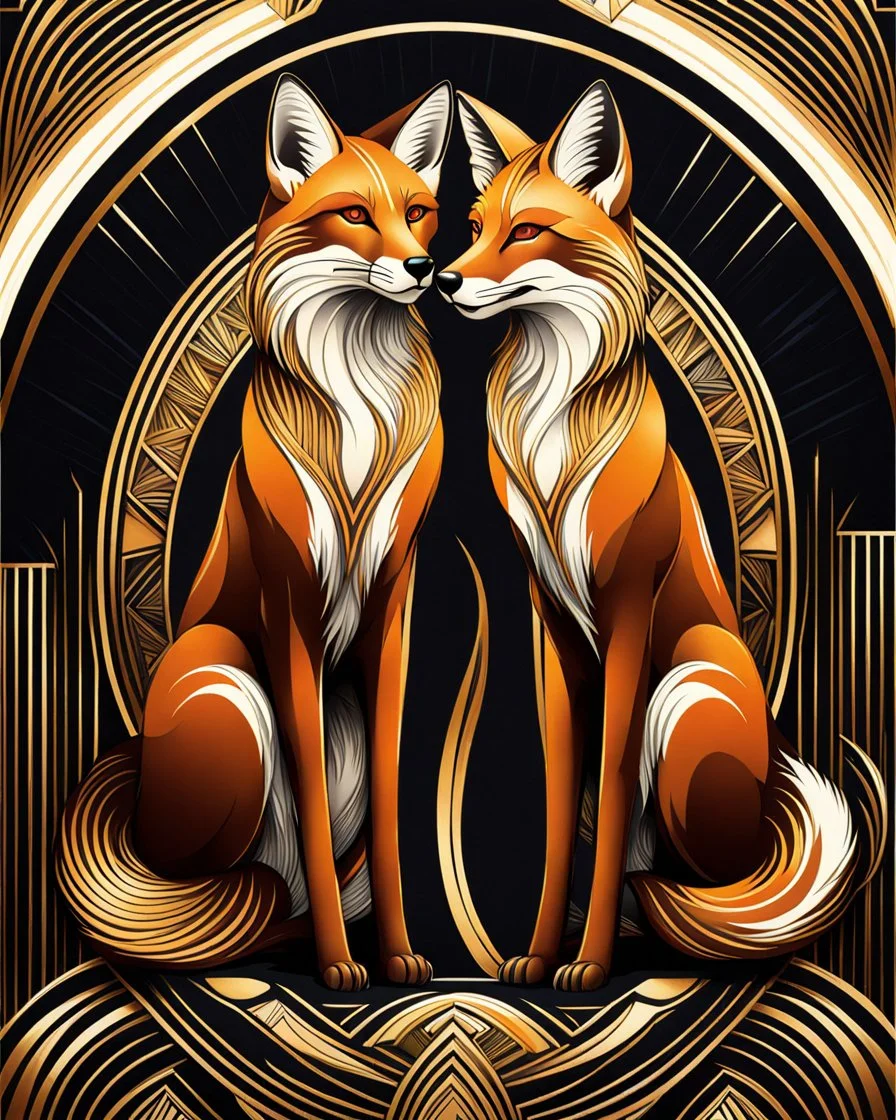 Drawing of two art deco foxes ultra quality