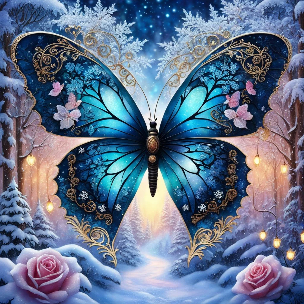 Beautiful filigree lacey butterfly, winter wonderland background, triple frosted heart with bi colored roses, glitter, glowing, transparent, sparklecore, Thomas Kinkade, realistic painting, 8K