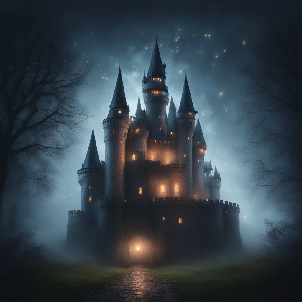 Hyper realistic huge haunted castle in a heavy foggy night with fireflies