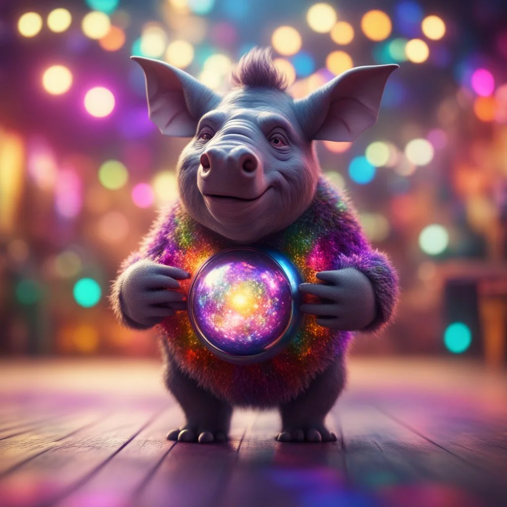 Gates as hairy groove funk bat rhino hippie holding disco ball ,bokeh like f/0.8, tilt-shift lens 8k, high detail, smooth render, down-light, unreal engine