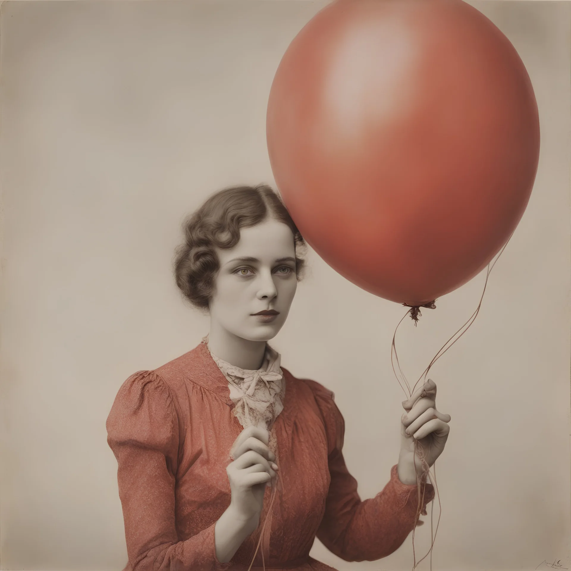 A woman with freckles, with a balloon at the circus, 1910s, red, orange, pink