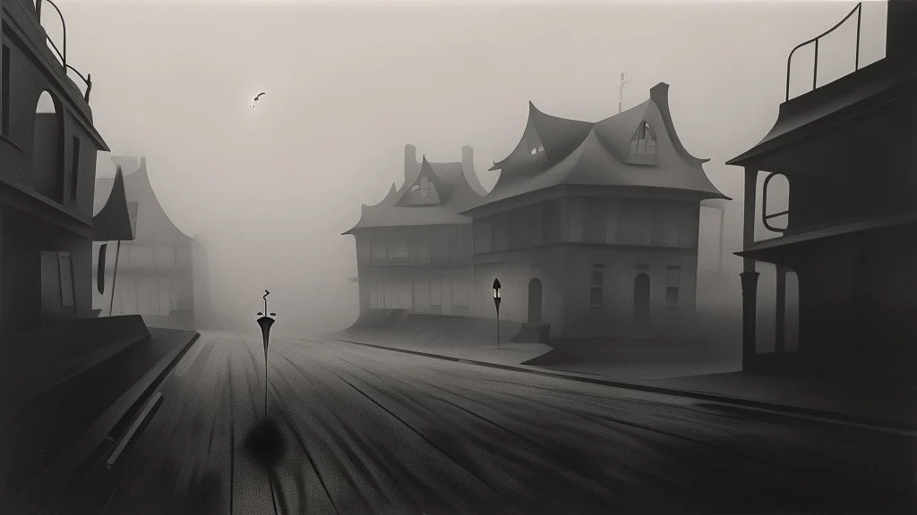 Dark street night figure fog odd Yves Tanguy spooky