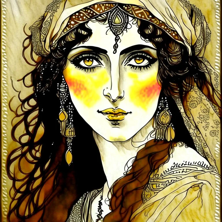 Beautiful woman gypsy shaman with big brown eyes, Subdued lighting. Muted color palette. Modifiers: elegant intricate very attractive beautiful award winning fantastic view hyperrealistic ultra detailed high definition matte background watercolor Arthur Rackham Gustav Klimt pen and ink Johannes Vermeer Aubrey Beardsley