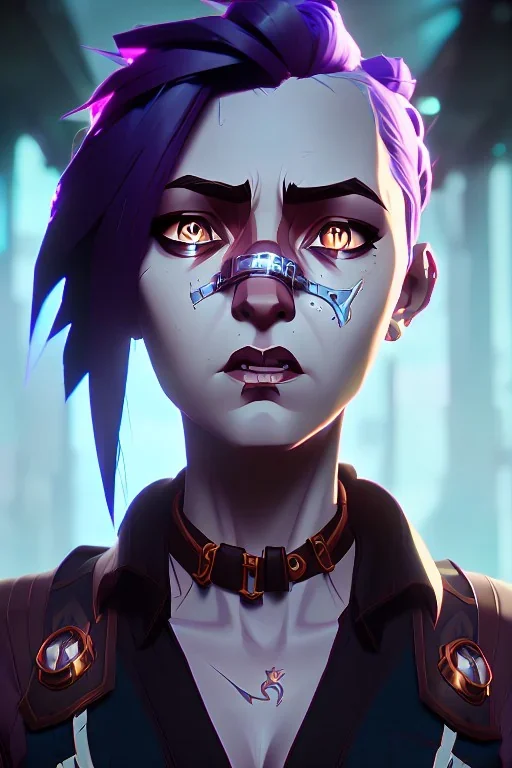 portrait, Jinx, post-apocalyptic in a cyberpunk city, realistic, intriacte detail, sci-fi fantasy style, volumetric lighting, particles, highly detailed, cinamatic, deep colours, 8k