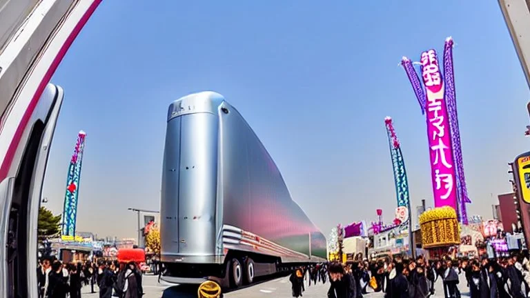 A Tesla semi-truck is racing at top speed, across the 'Universal Studios Japan', in Osaka. CINEMATIC. WIDE ANGLE LENS. PHOTO REAL.