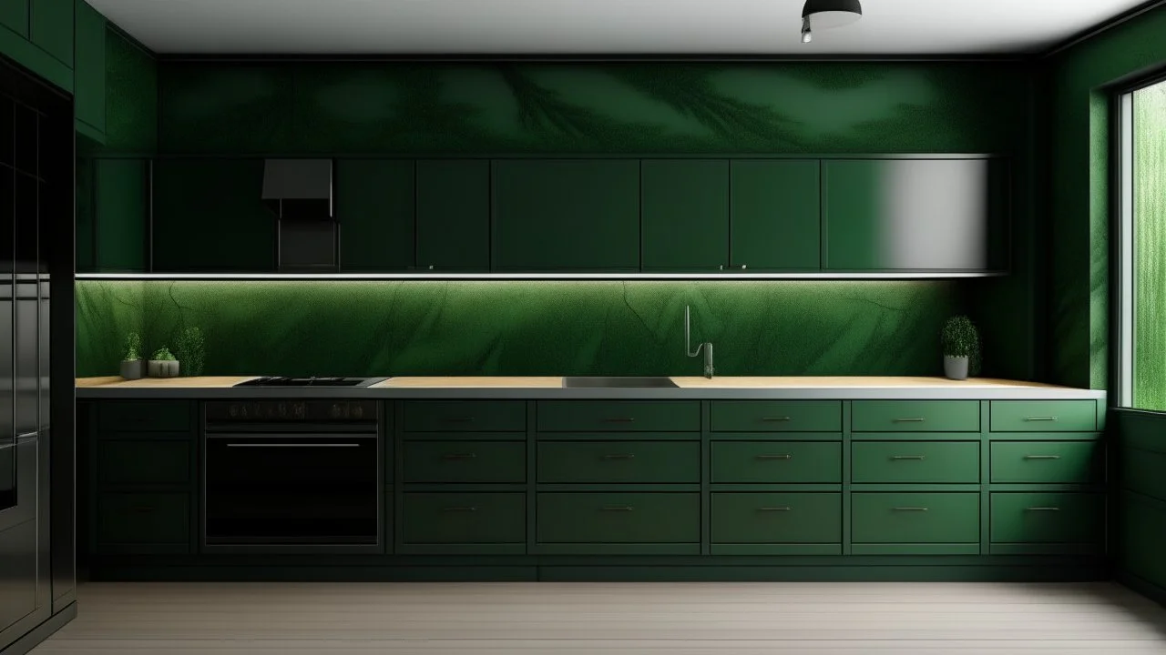 kitchen with dark green furniture, forest wallpaper on a white wall, very realistic