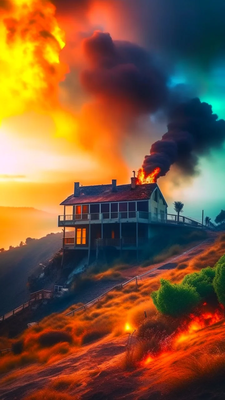 A burned house with fire on the the hill of California coast of . epic , cloudy stormy weather, fantasy sci-fi style, city on surface