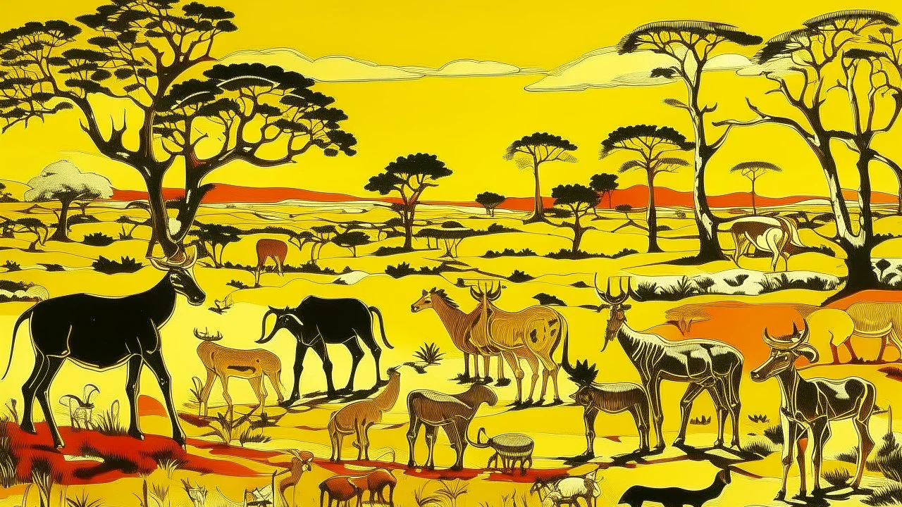 An orangish yellow savanna near a Karoo with animals designed in African pottery painted by Andy Warhol