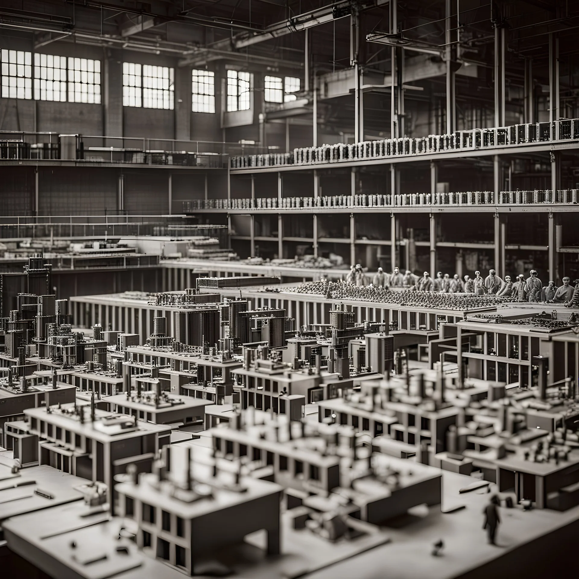 Totalitarian brutalist factory assembly line with workers