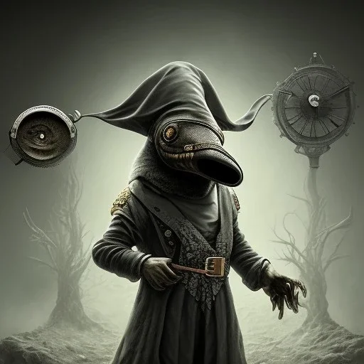 plague doctor, horror, hyperrealism, masterpiece, expert, 8K, dramatic lighting, sharp focus, dark, black, steampunk