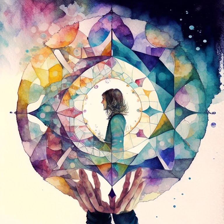 A watercolour painting,The artwork shows a person with a kaleidoscope in their hand, through which they view the world. The images within the kaleidoscope shift between real-life elements and fantastical creations, representing the constant blending of reality and imagination in their perception.