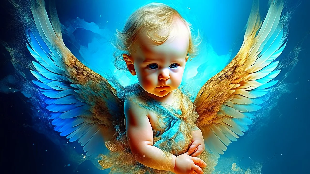 Beautiful baby angel, double exposure fantasy, blue, gold, glitter, fine detailing, hyperrealism, vibrant colors, photorealism, 3D, acrylic and watercolor elements, heart.