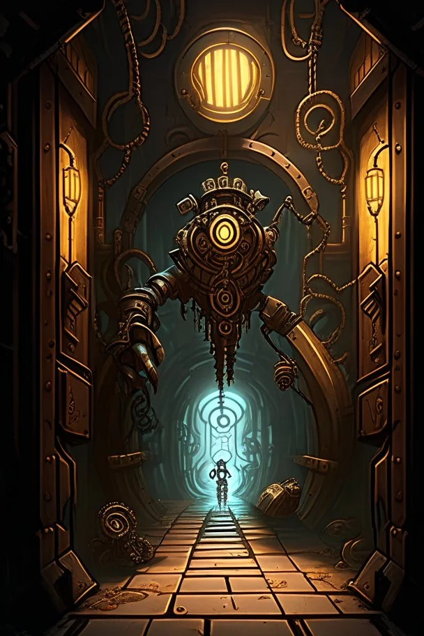 A steampunk dungeon hallway with a twisted clockwork robot rpg cover art