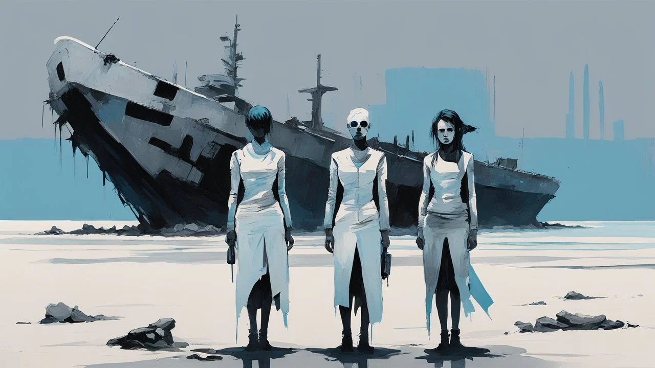 ((three)) determined cyberpunk women (wearing white khiton) standing in front of a boat wreck on a radioactive beach, acrylic painting, minimal art, centered, wild sparse brushstrokes, amazing verticals, great parallels, low bleak colors of gray, blue and black, excellent negative space contrasts