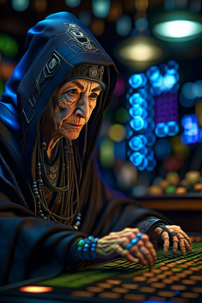 ninja witch at narcicist bingo, photo-realistic, shot on Hasselblad h6d-400c, zeiss prime lens, bokeh like f/0.8, tilt-shift lens 8k, high detail, smooth render, down-light, unreal engine 5, cinema 4d, HDR