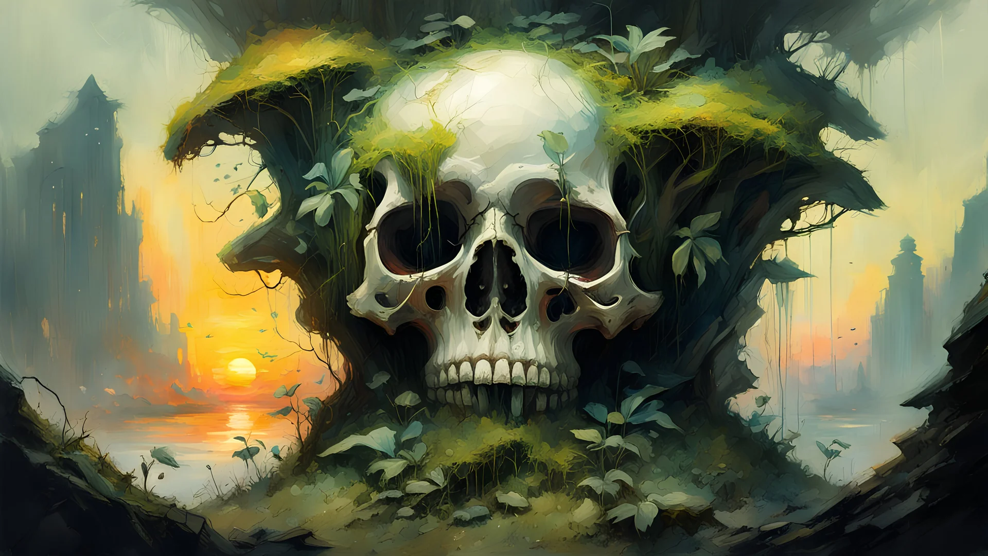 Skull, soil, plants, humid, lush moss, sunset ecosystem reimagined as digital air brush beautiful gesture expression by Tran Nguyen Jeremy Mann Frank Frazetta Carne Griffiths WLOP, Intricate, Complex contrast, HDR, Sharp, soft Cinematic Volumetric lighting, stylized colours, wide long shot, perfect fantasy art masterpiece