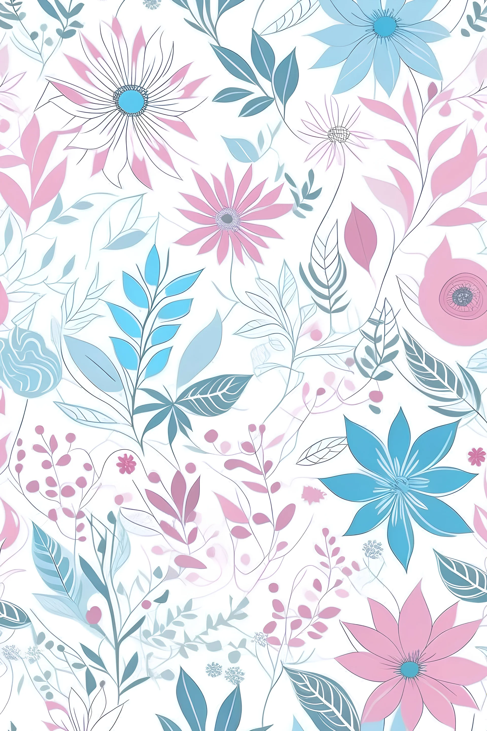 flowers and leaves in a field design pattern featuring pink, light blue and silver on a white background