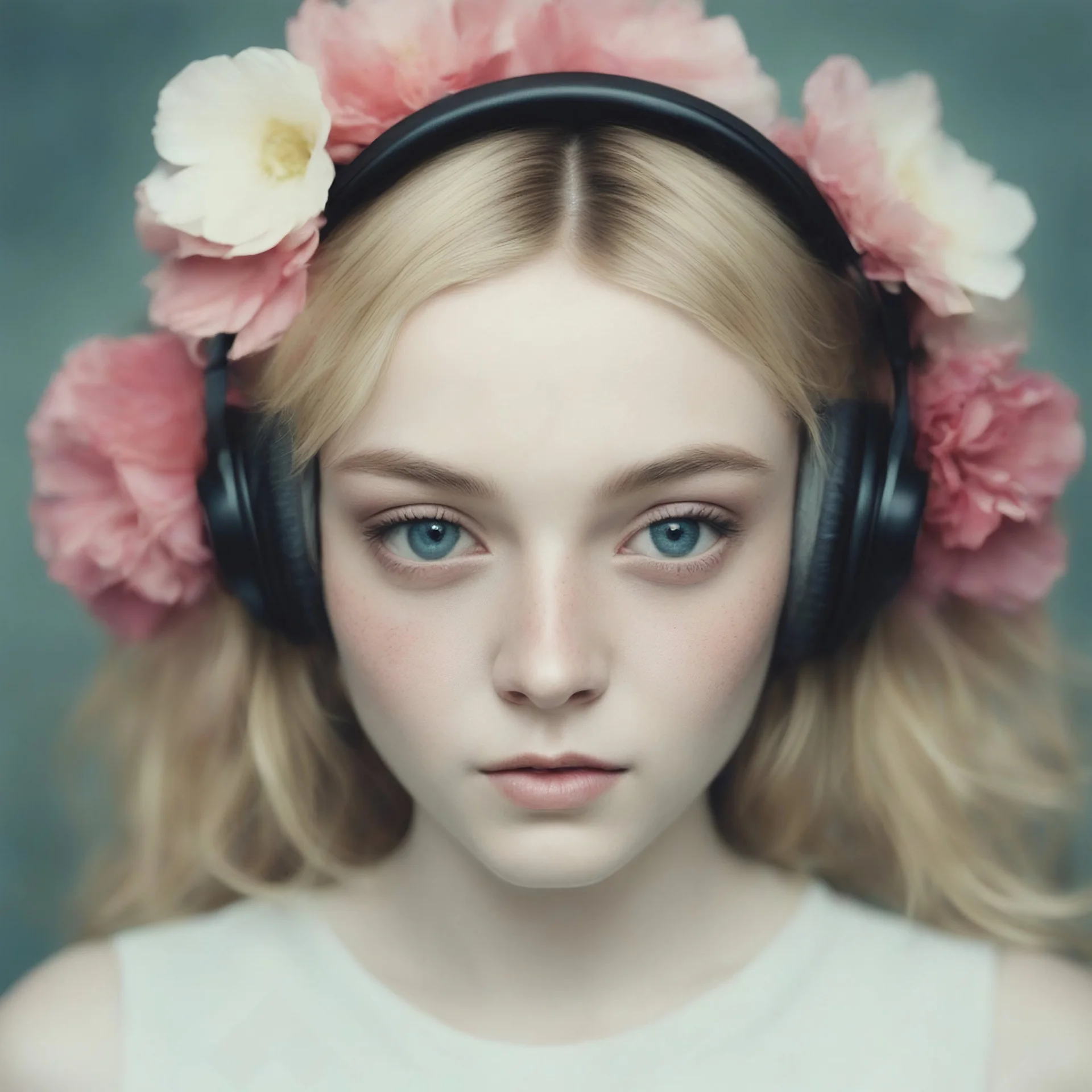 Futuristic Polaroid head shot of dakota fanning,she has freckles on her face, hair adorned with big flowers, red cheeks and nose, headphone