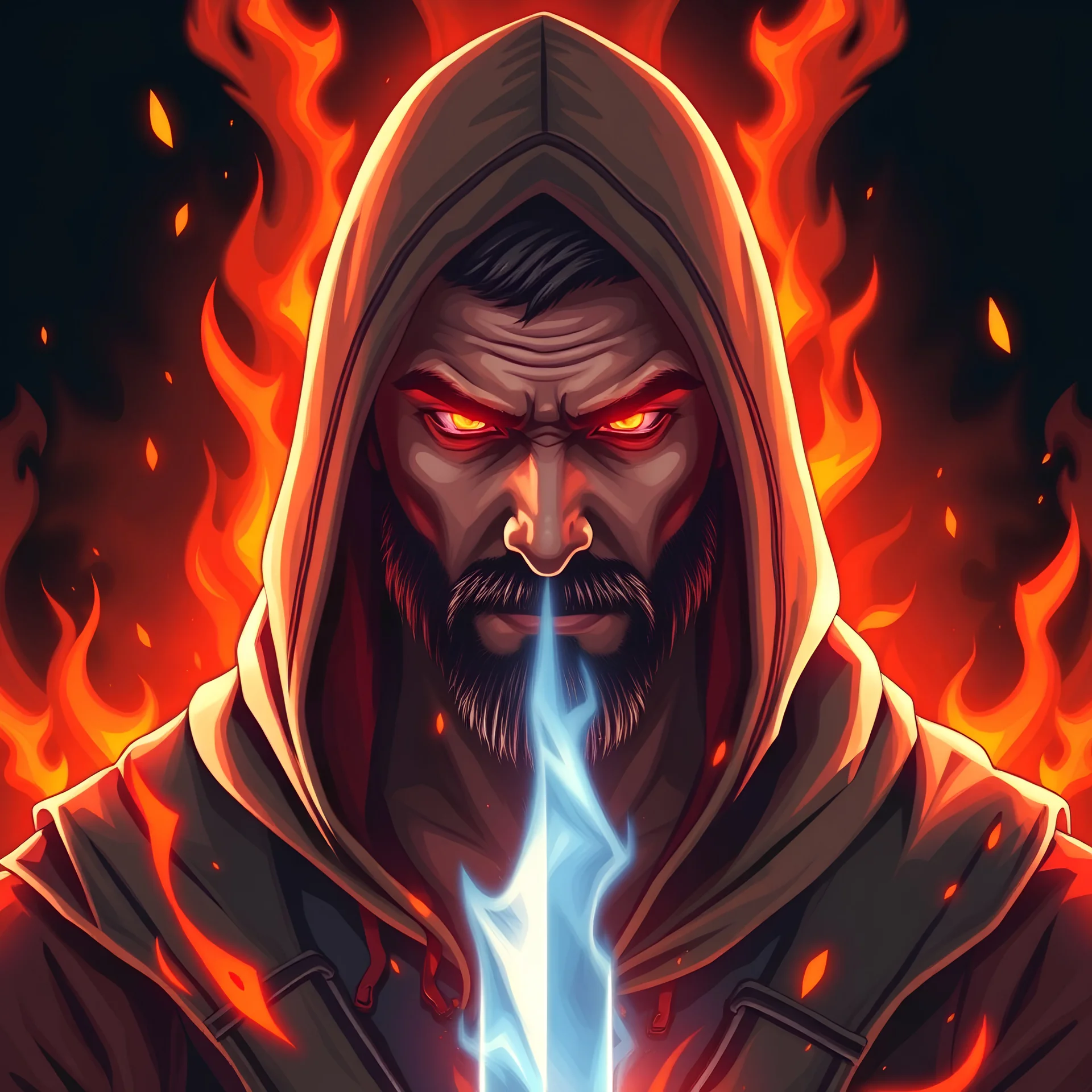 Portrait of warrior man with hoodie in bold eyes in a Fire background with glowing fire broke effect illustration