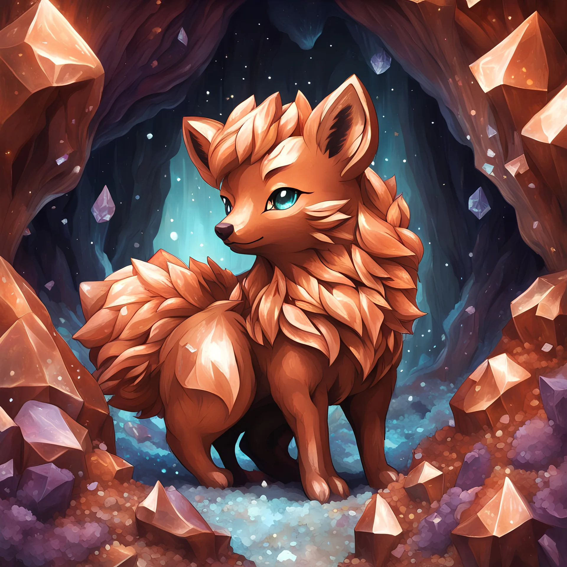 Bronze colored Vulpix and covered in bronze crystals background crystal cave, in funk art style