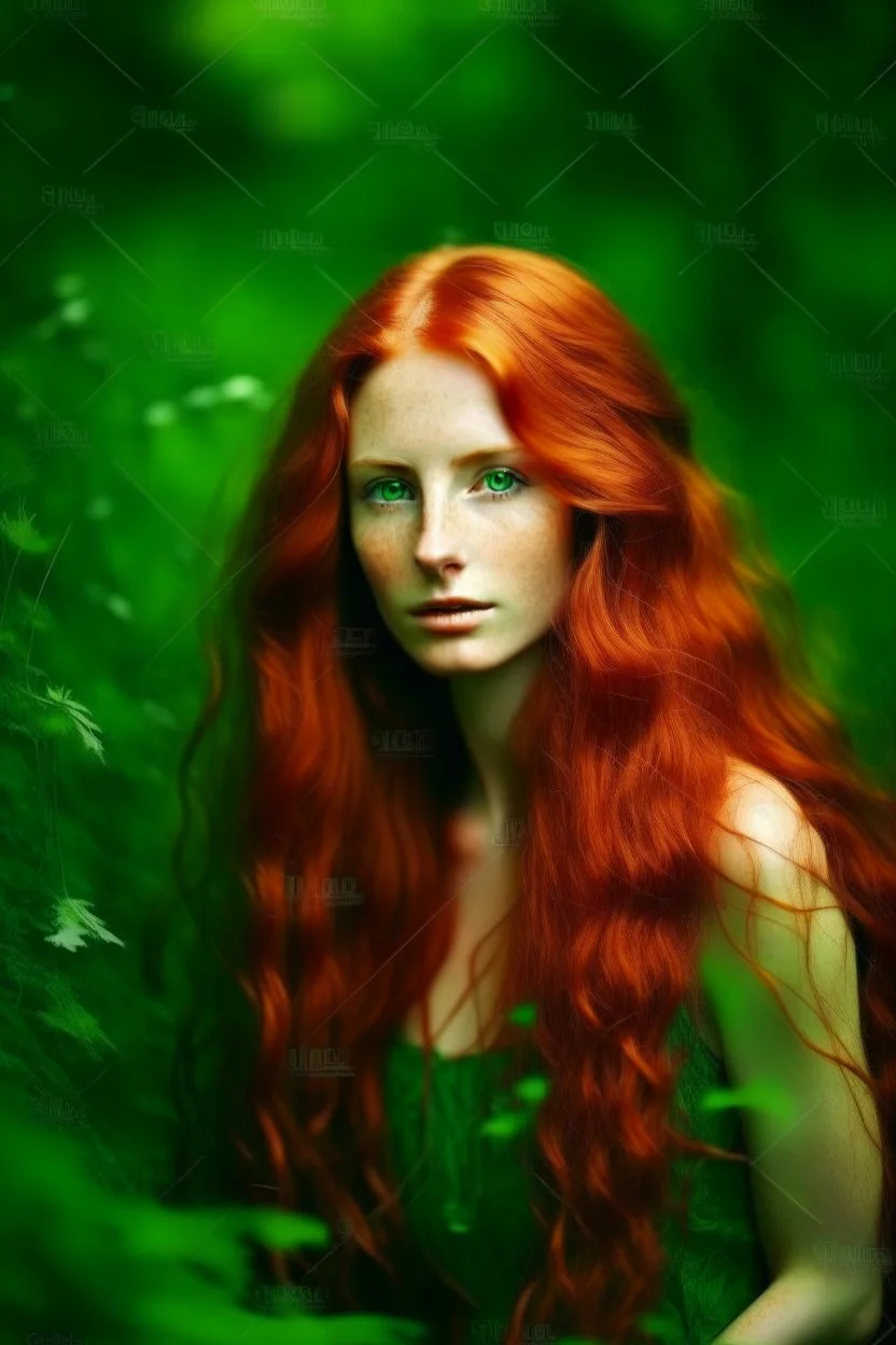 portrait of a beautiful woman with super long reddish hair, warm-hearted, goddess, green