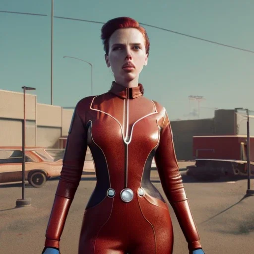 retro sci-fi portrait image from 1960, supermarket parking explosion, fire, classic black widow, young Scarlett Johansson, classic tight lycra latex suit, retro superhero style, soft color, highly detailed, unreal engine 5, ray tracing, RTX, lumen lighting, ultra detail, volumetric lighting, 3d, finely drawn, high definition, high resolution.