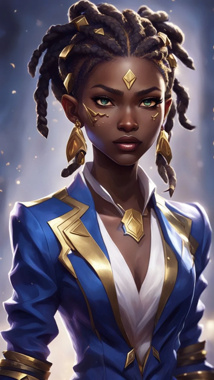 sci-fi, arcane animation series style, league of legends, Solo, 1girl, attractive female with freckles, african, dark skin, golden eyes, dark hair, braided dreadlocks, earrings, makeup, (detailed skin texture), white and indigo-blue suit