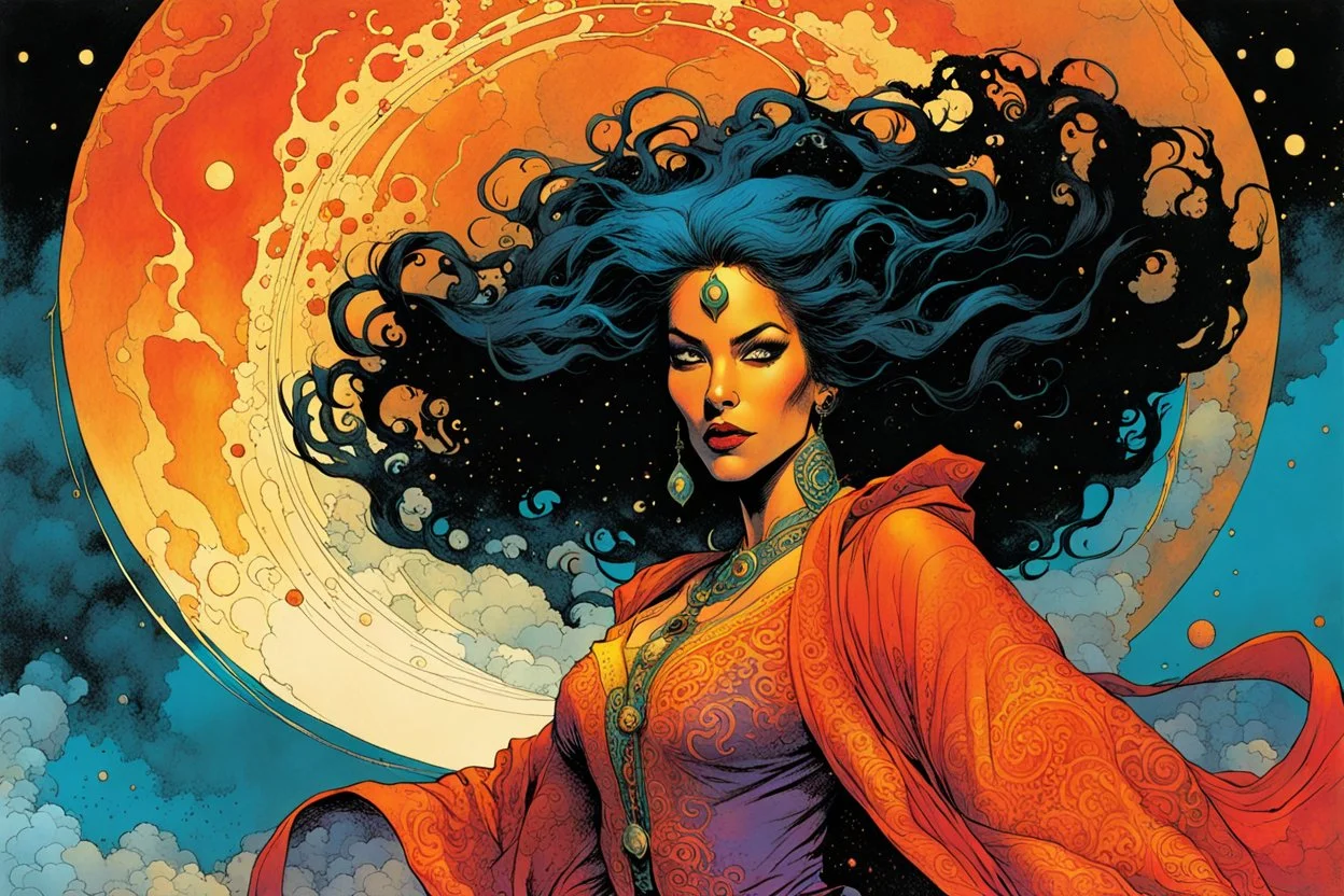 create an imaginative print illustration of an female, ornately dressed Moroccan sorceress with finely detailed facial features, wreathed in a maelstrom of fire, in the comic book art style of Bill Sienkiewicz, Mike Mignola, and Jean Giraud Moebius, finely textured, drawn, colored, and inked