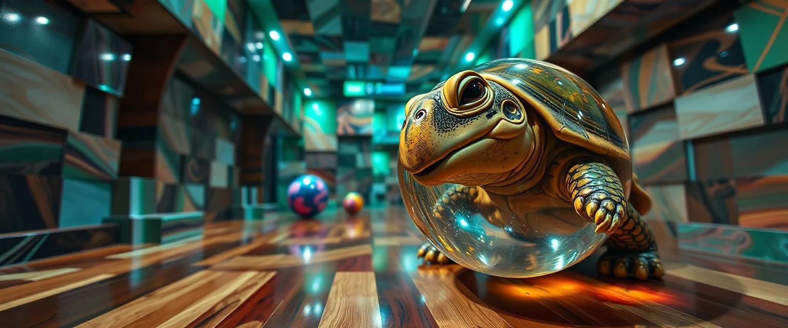 pin hole cam , master oil painting by Rembrandt, volume fog lights in reflective marble madness opera close up on turtle horse character portrait, a living bowling marble halls with slightly tilted floor in a twisted block maze, scenery from the game "marble madness", crystal birds, the floor betrays, the walls collide, big colorfull transparent marble ball