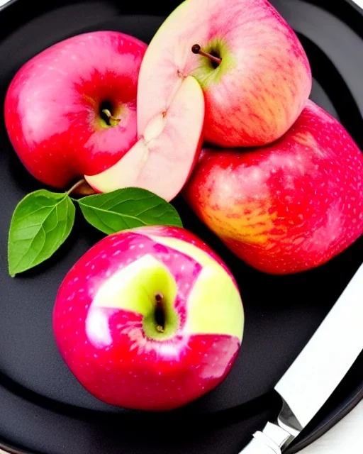 Pink Apple and red pear on a black dish