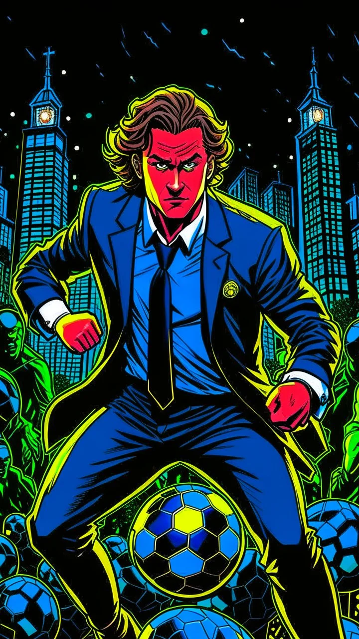 Diego Forlan Football soccer player fighting black suite. Dark detective comic. comicBook cover batman style detective mistery 1990. Nice colors.