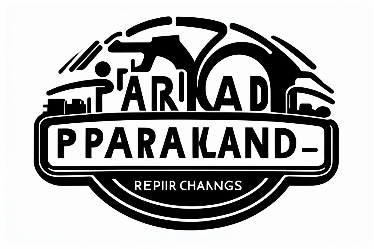 Simplified abstract logo representing services of automobile repairs and tire changes and oil/filter changes, includes text "PARKLAND" with a second line of text "REPAIR", black on white