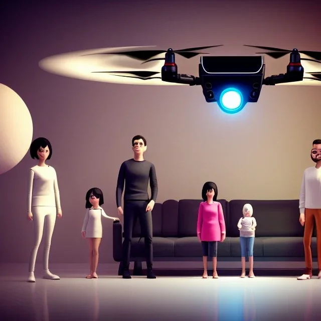 Ultra Realistic family portrait, living room. father. mother. daughter. alien pet. Little flying drone. retro futuristic, minimal style. smile, happy. highly detailed, concept art, unreal engine 5, ray tracing, RTX, lumen lighting, ultra detail, volumetric lighting, 3d, finely drawn, high definition, high resolution.