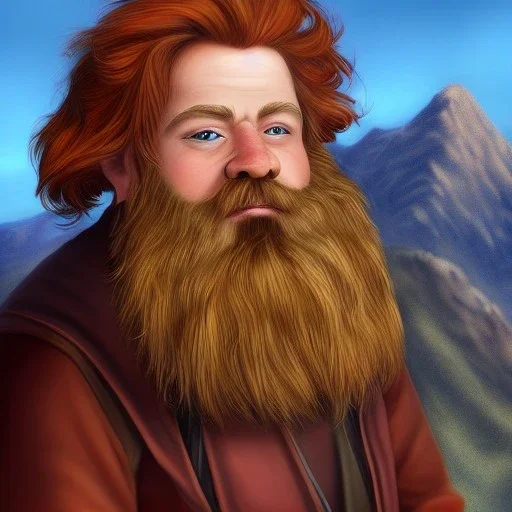 Portrait of a handsome male dwarf, red beard, mountainside, hd