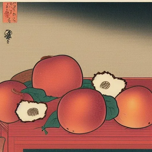 Ukiyo-e style illustration of three peaches stilllife