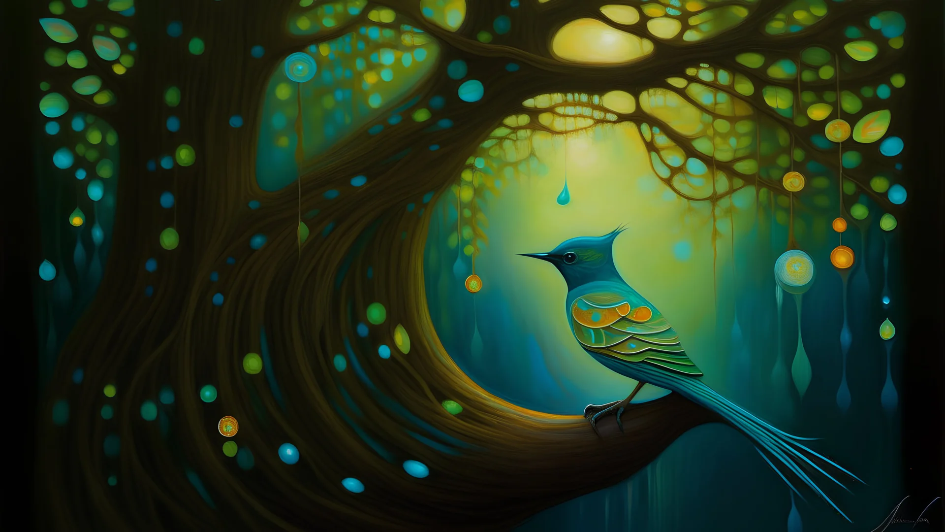 A vintage oil painting depicting a belt wrapped around a tree branch, with a binary code pattern intertwined, as a colorful bird perches on top. The scene is set in a mystical forest with glowing fireflies and a full moon in the background. The overall atmosphere is serene yet mysterious.