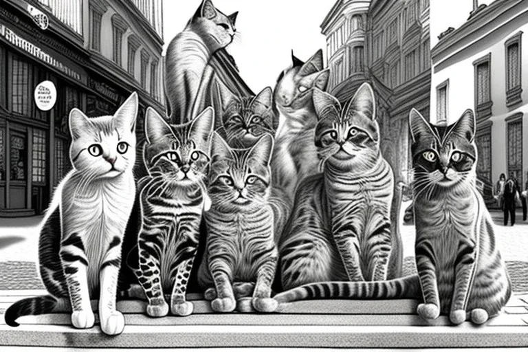 Mature cats are "The Beatles", playing music, street, Vienna, friendly, sunny day, model style, hyper realistic, extremely accurate, delicate, extremely detailed, Graphic novel style, wide-angle, open aperture, superfine pencil