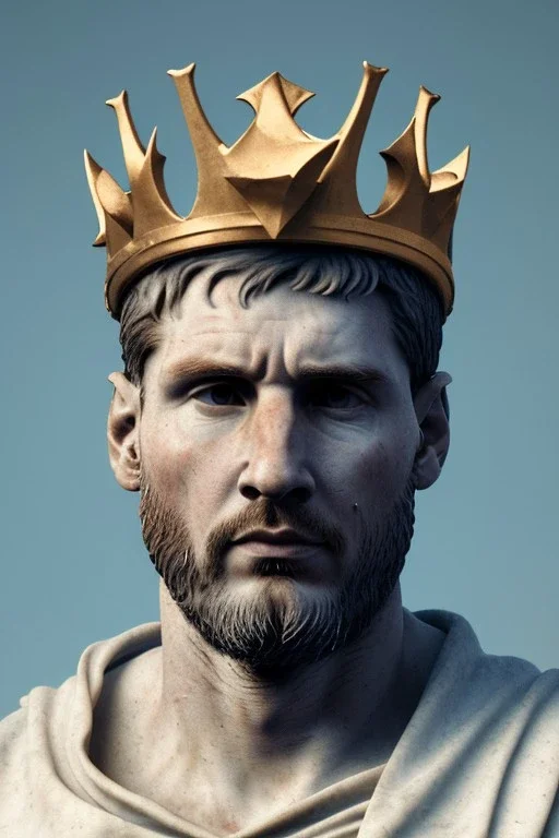 Ultra Realistic image, Roman sculpture, white luxury marble material, Lionel Messi, gold crown of natural thorns, god crown, Renaissance style, sun rays background, waist up portrait, epic, celestial, cinematic lighting, God lights, 4k resolution, smooth details, soft lighting, unreal engine 5, art station, substance 3d.