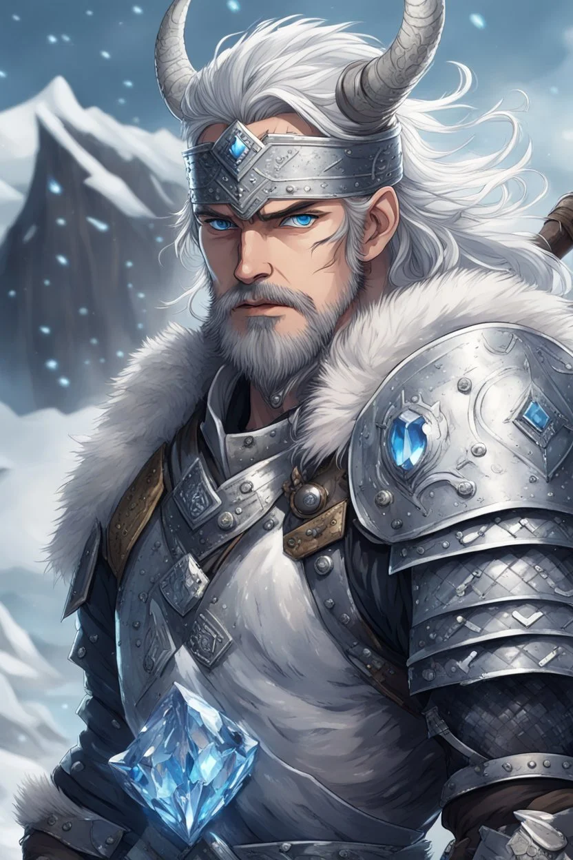 in anime style, 1man, a man with blue eyes and silver hair man in silver Viking armor with fur around the neck with blue crystal on his chest holding an axe in his hands standing on a pirate ship in the artic, warrior in anime style,