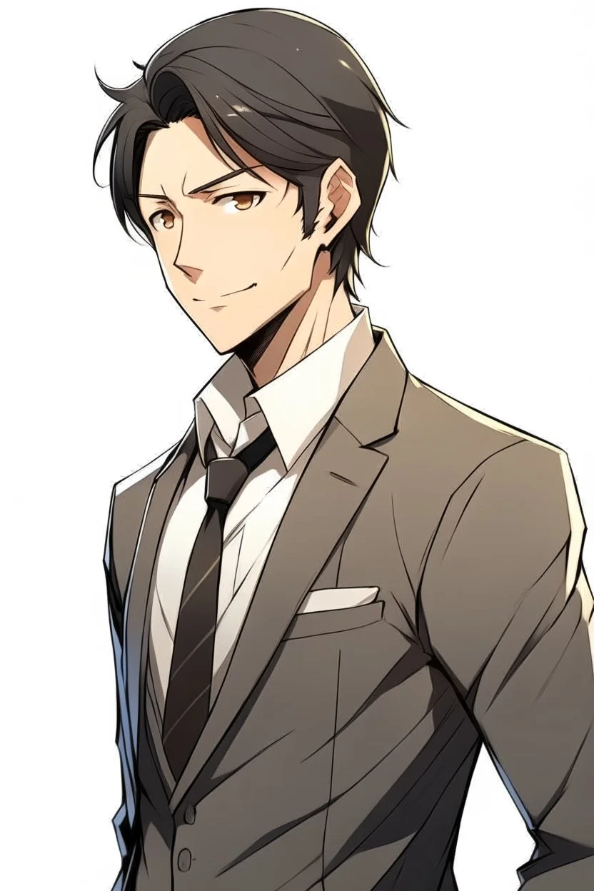 Anime man side character with a suit , aged 26 , looks lovely, have a lite muscles