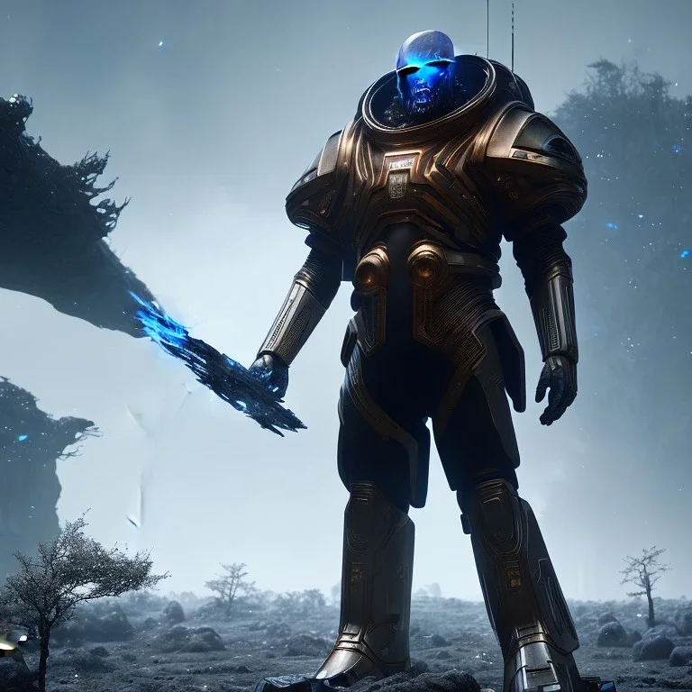 Full Scale Epic Character design, strong Male galaxy void soldier wearing metal armor, mist, photorealistic, octane render, unreal engine 5 style, ultra detailed, volumetric lighting, Dark Alien planet, Alien with helmet with a logo of the resistance