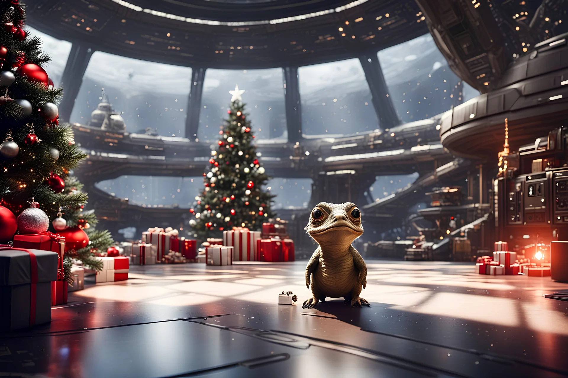 fluffy big eyed baby crockodile in the big hall in second death star and a view to a star wars planet, and christmas tree and sith gifts and a space ship like star wars space ships, cinematic eye view, all sharp