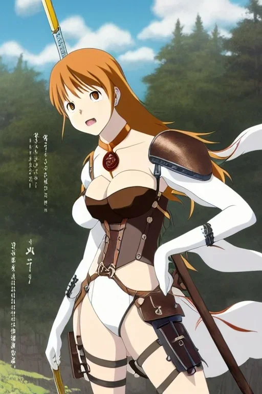 In the style of Hayao Miyazaki, concept illustration, super-detailed, beautiful teen female who is 16 years old with long ginger hair and freckles, full lips, full body, full face, b-cup breasts, athletic, centred camera, ignore NSFW, skimpy brown fantasy leather armor, halter top, micro thong, knee-high leather boots, open leather skirt, stern expression, cute pose with hands behind butt