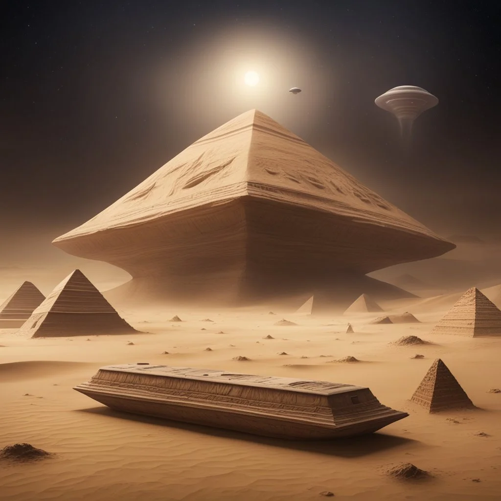 Hyper Realistic UFO spaceships outside mummy coffins outside Pyramids with sandstorm at dark night