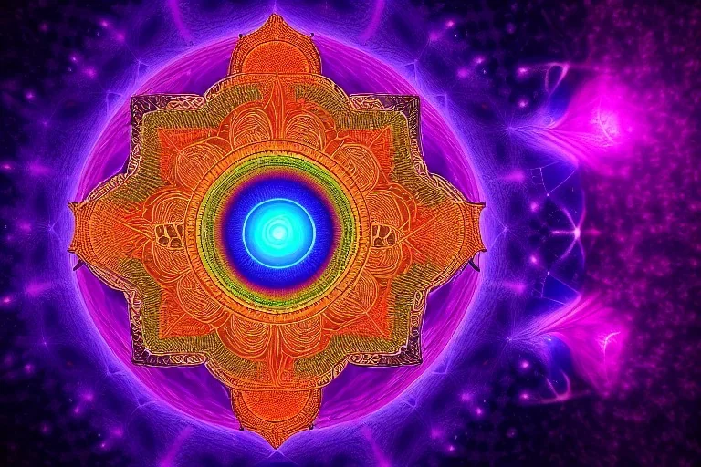 meditation, third eye, universe, fourth dimension, fractal, realistic, 8k, high quality, extreme detail, symmetrical, chakra, human