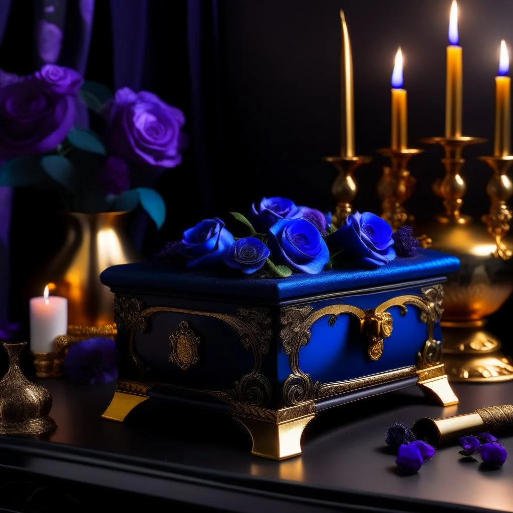 A black and gold decorated chest half opened and filled with purple blue roses in front of it a burning candle in delicate purple all on a light background