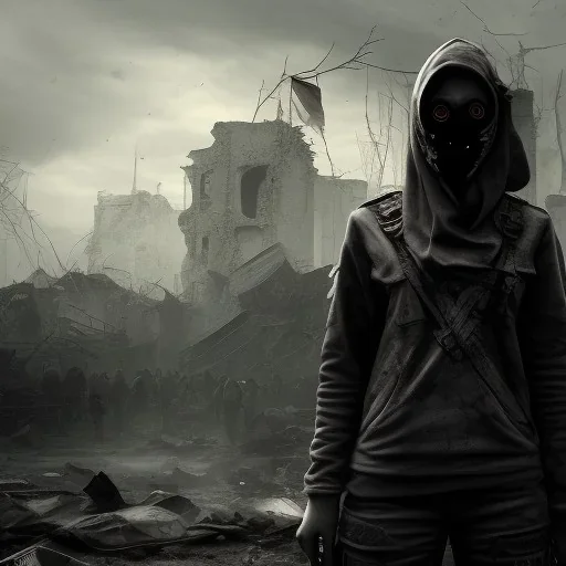 women, faces covered in black masks, ragged clothes, holding flag, war-torn, destroyed city in the background, 8k resolution, hyperrealistic, detailed matte painting, b&w, dynamic lighting, war, anarchy, terrorists